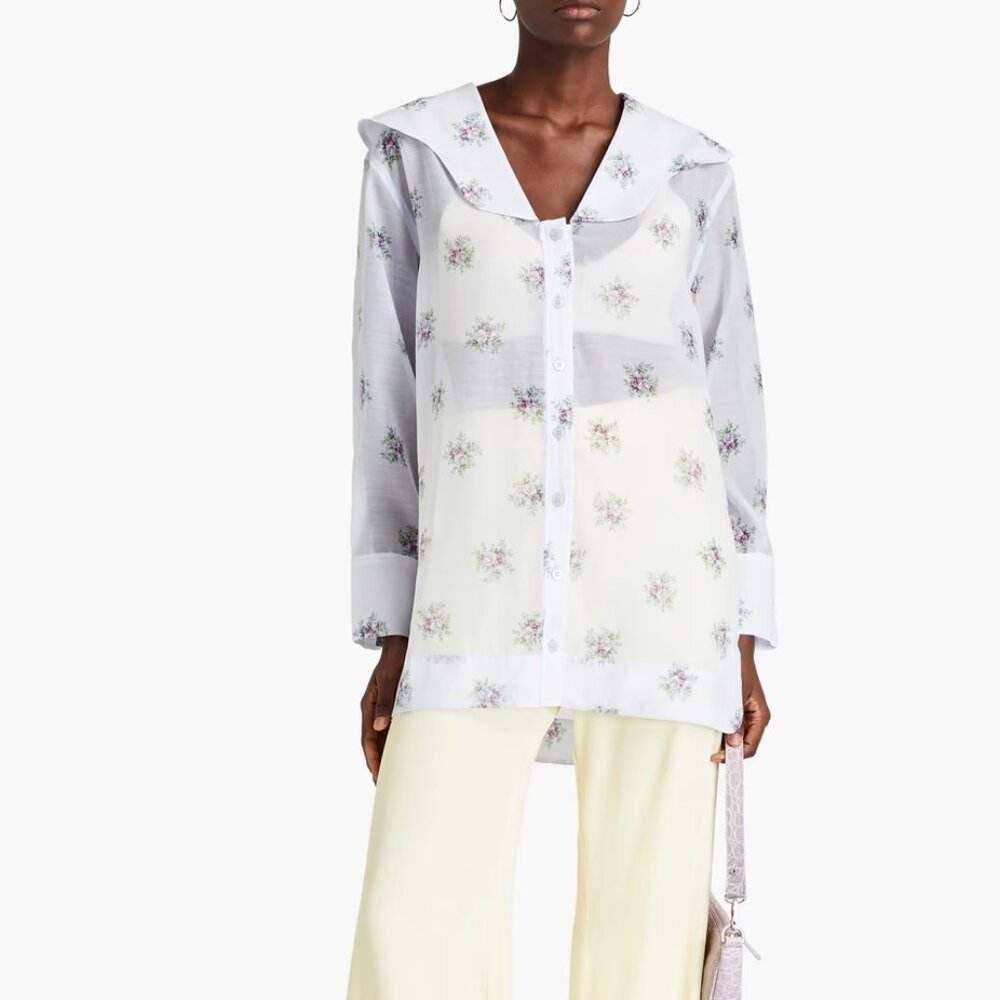 GANNI | Floral-Print Organza Blouse | Light Blue / Lilac